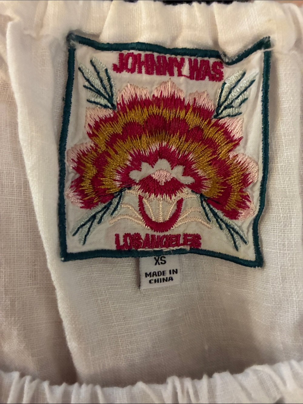 Johnny Was White Linen tie neck Blouse with Blue and floral embroidery Size XS - Picture 2 of 11